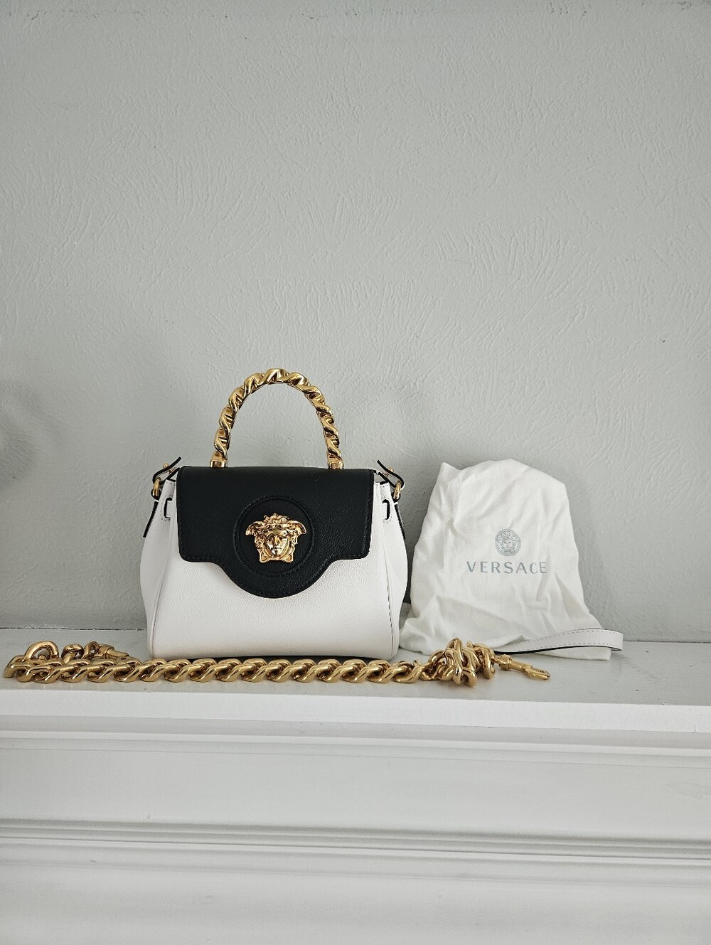 NWOT Versace La Medusa Small Two Tone Leather Bag With Chain Top Handle